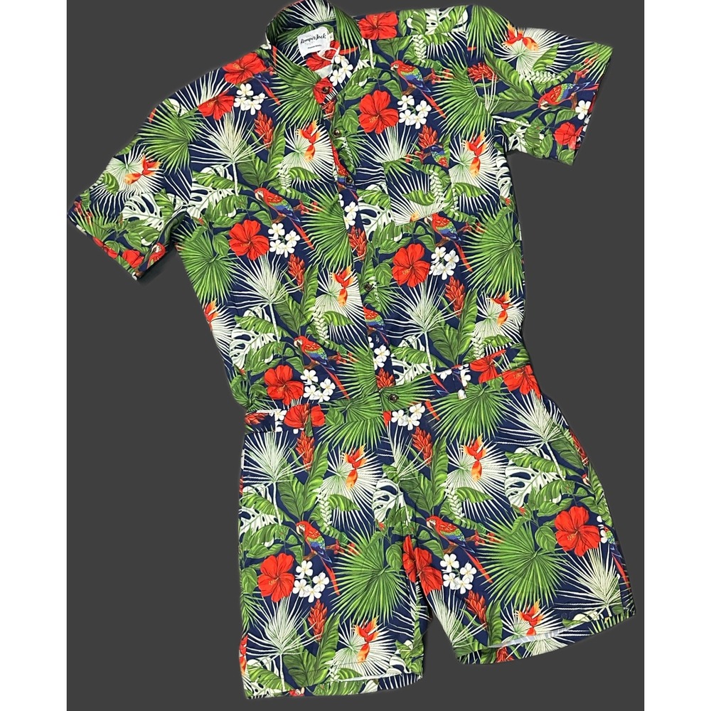 RomperJack Mens XL Tropical Parrot Hibiscus Floral Short Sleeve Romper Navy Blue